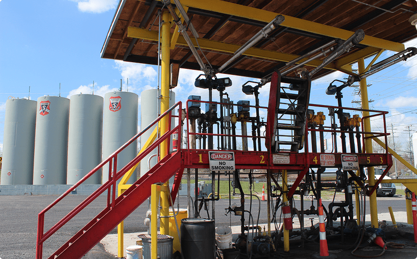 Industrial fuel facility with storage tanks.