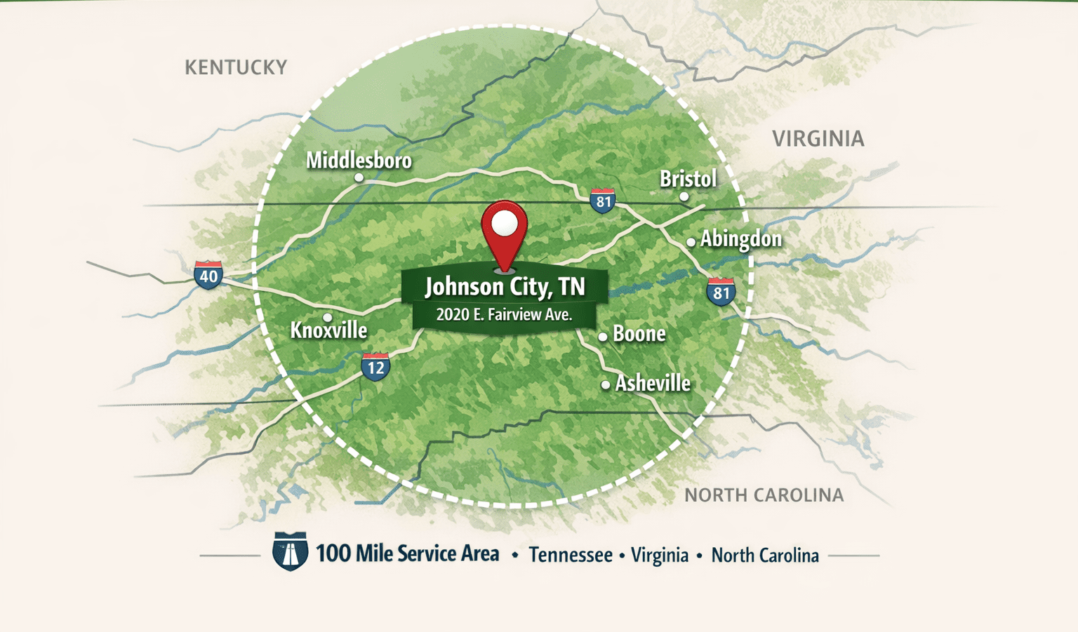 Map highlighting Johnson City, TN service area.
